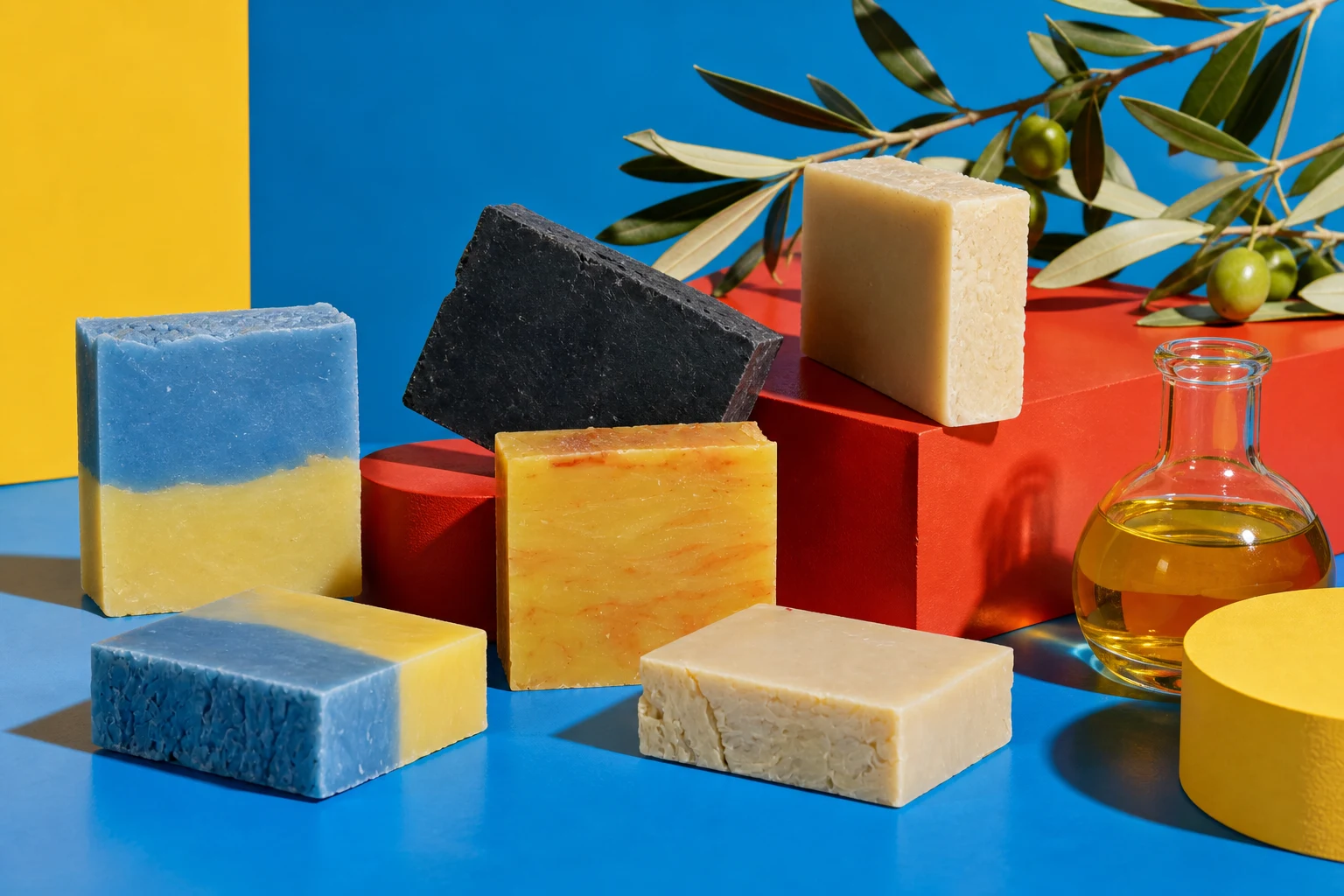 POJO olive-oil-based soap bars with olives and golden olive oil in a colorful studio set